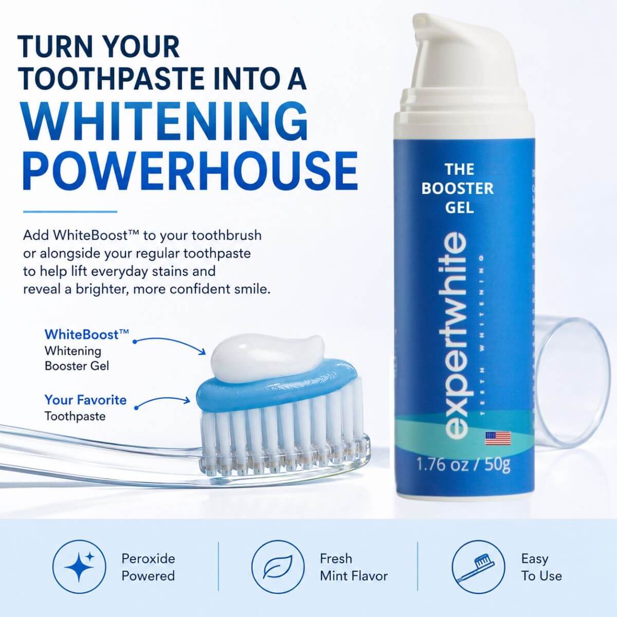 The Booster Gel: Pump. Brush. Whiter Teeth.